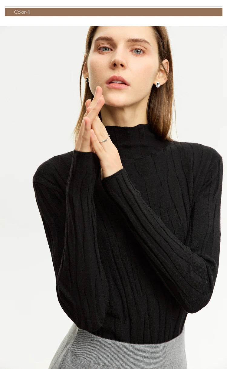 Damen-Wollpullover mit Stehkragen, schwarzer Zopfstrick, langärmlig