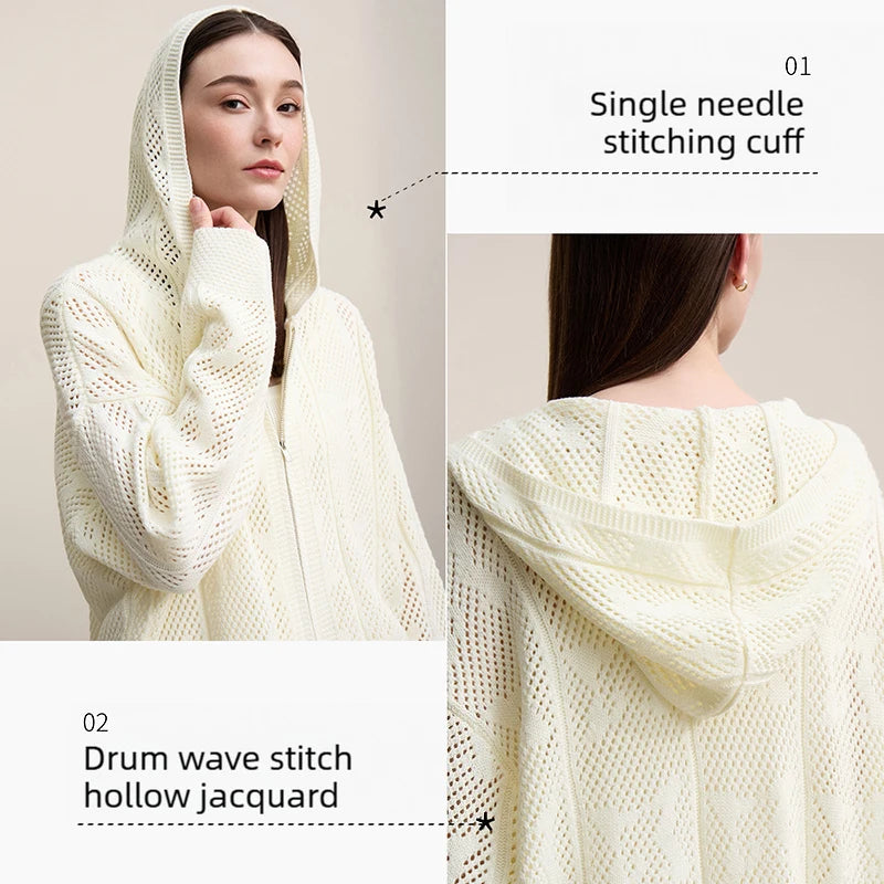 Damen-Strickjacke Kapuze Jacquard Hohlstrick Doppelreißverschluss locker Frühling