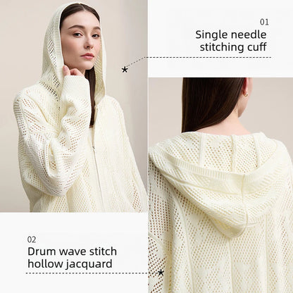 Damen-Strickjacke Kapuze Jacquard Hohlstrick Doppelreißverschluss locker Frühling