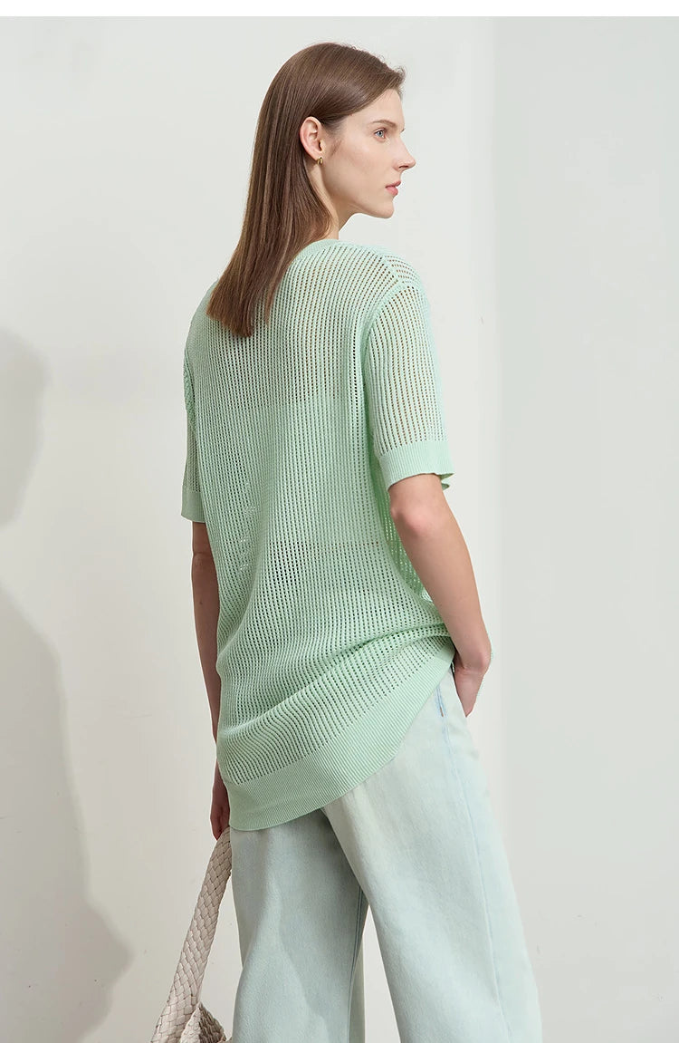 Damenpullover kurzarm, mintgrün, Seitenansicht; lockeres Strickdesign mit Jacquard-Effekt