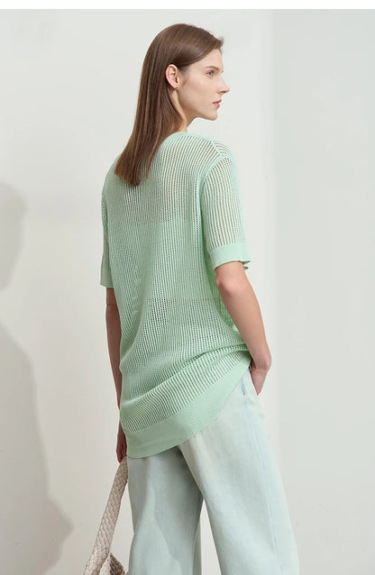 Damenpullover kurzarm, mintgrün, Seitenansicht; lockeres Strickdesign mit Jacquard-Effekt