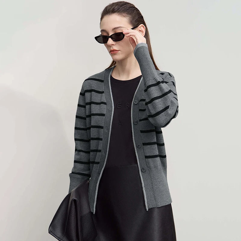 Damen-Strickjacke Streifen V-Ausschnitt locker Wolle Herbst-Winter