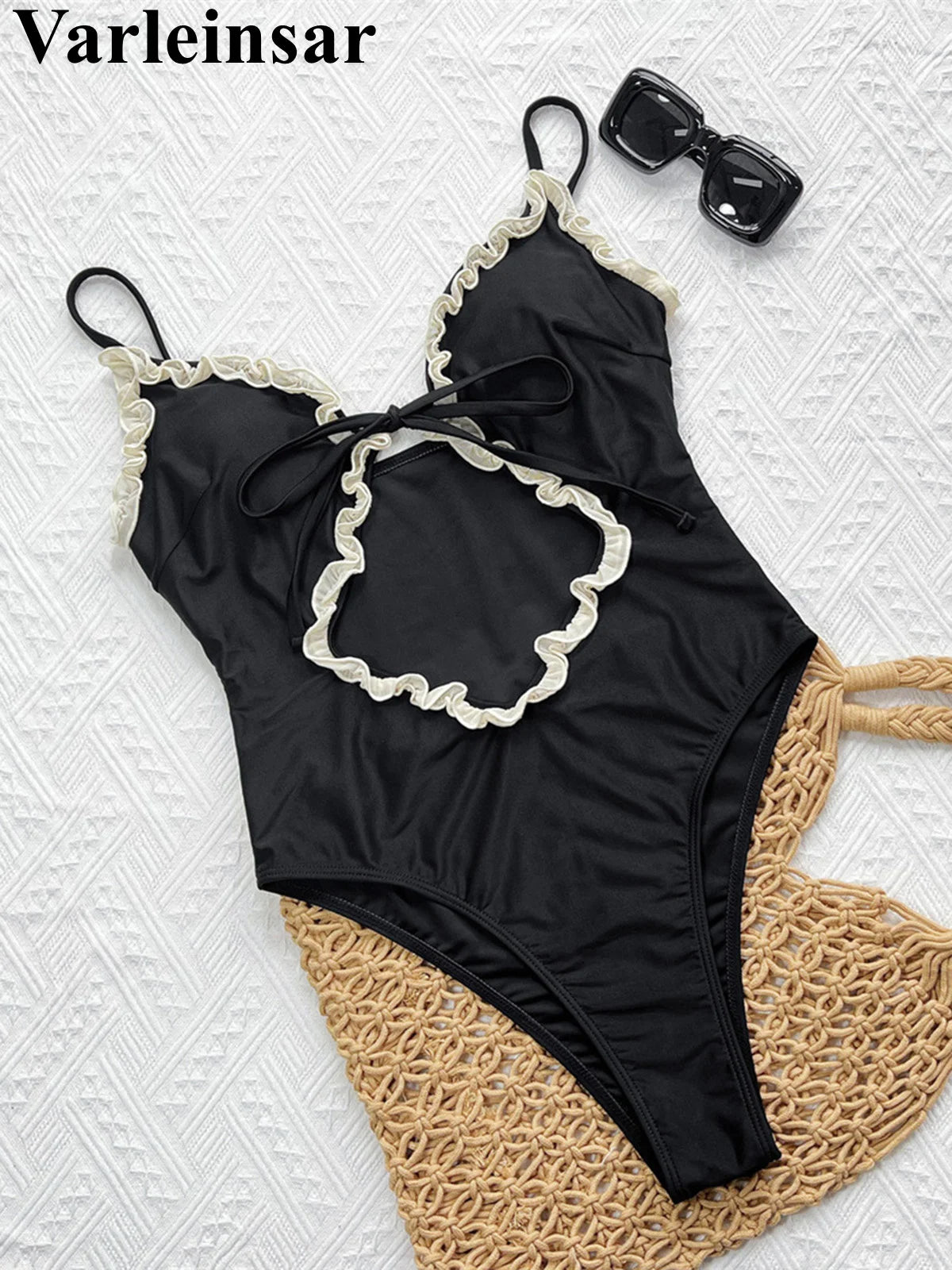 Damen Badeanzug Cut-Out Rüschen Leopard Monokini hoher Beinausschnitt gepolstert