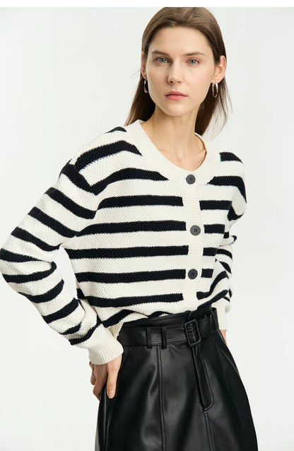 Damen-Strickjacke Baumwolle-Wolle Streifen Kontrastfarben locker Herbst