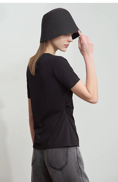 Damen T-Shirt mit Rundhalsausschnitt und gebrochenen Falten aus Modal-Baumwolle