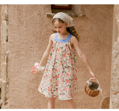 Sommerkleid für Mädchen aus 100% Baumwolle mit kurzen Ärmeln und niedlichem blauen Blumenmuster – geeignet für Kinder von 3 bis 14 Jahren (110cm-170cm)