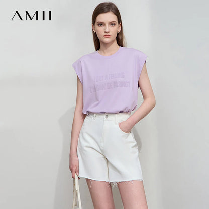 Damen T-Shirt aus Baumwolle mit lässigem O-Ausschnitt und breiten Schultern