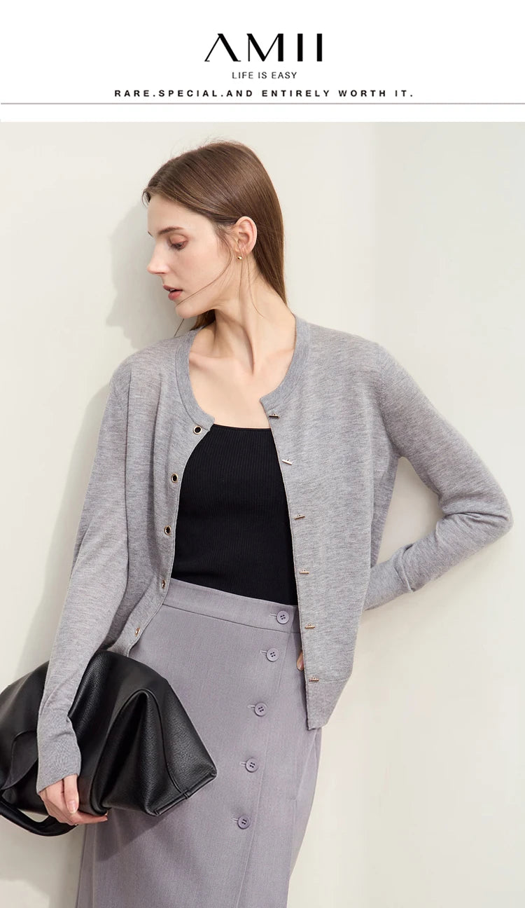 Damen-Strickjacke Rundhals Wolle Metallknopf dünn Büro Herbst