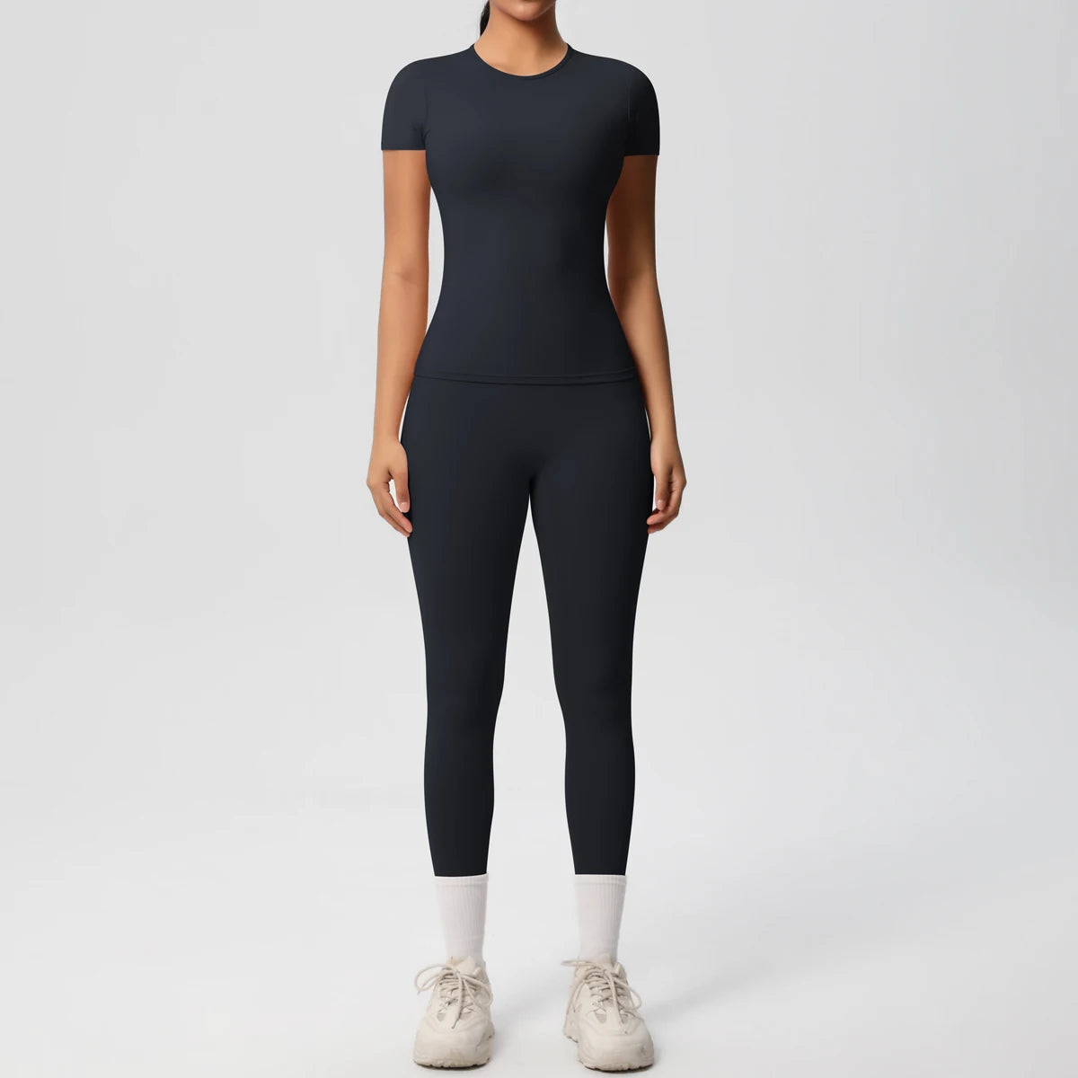 Sport-Crop-Top und Leggings im Set, dunkelblau-schwarz, kurzarm, slim fit