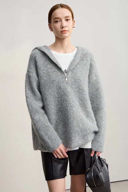 Damen-Kapuzenpullover Wolle Reißverschluss locker dick warm Winter