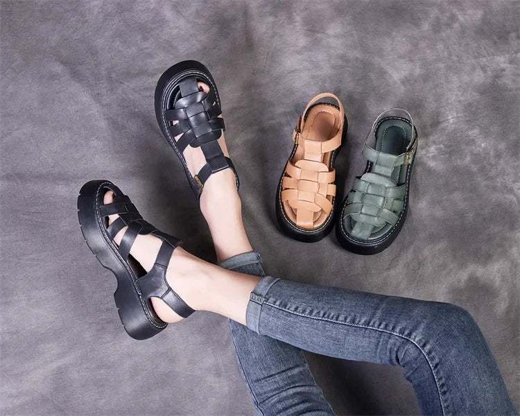 AIYUQI Sandalen Frauen Sommer 2025, Neue Echtes Leder Baotou Römischen Sandalen Damen Retro Hohl Gewebt Frauen Sandalen