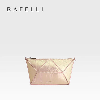 Echtleder-Clutch in Rosa-Gold mit geometrischem Steampunk-Design und Reißverschluss