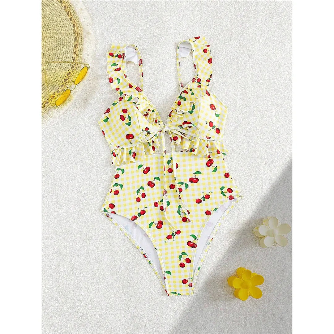 Damen Badeanzug Kirschen Karo Cut-Out Rüschen hoher Beinausschnitt Monokini
