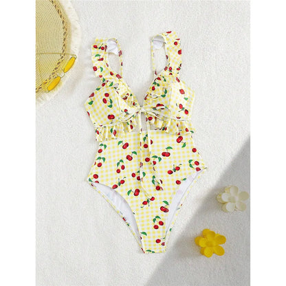 Damen Badeanzug Kirschen Karo Cut-Out Rüschen hoher Beinausschnitt Monokini