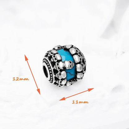 Damen-Charm-Anhänger Totenkopf Perlen blauer Stein Karma Vintage aus Sterlingsilber
