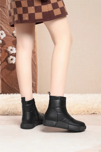 Schwarze Knöchel-Schneestiefel für Damen, breite Plateausohle, kurzer Absatz, schützender Schaft