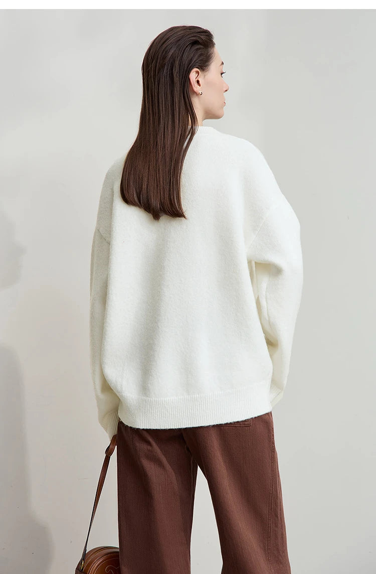 Damen V-Ausschnitt Pullover locker Raglan Wolle-Mix Herbst-Winter