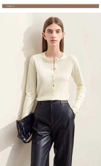Damen-Strickjacke Rundhals Wolle Metallknopf französisch Büro Frühling