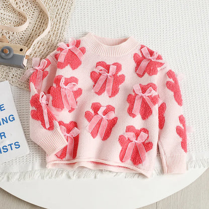Mädchen Pullover aus gestricktem Material mit süßem Bär und Bogen