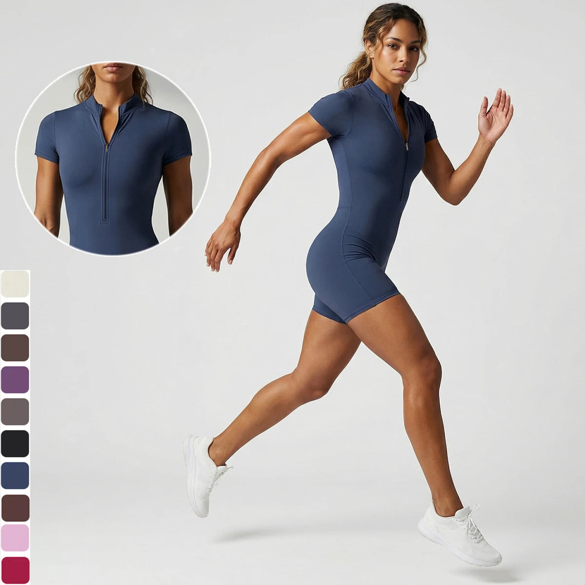 Dunkelblauer Damen-Yoga-Jumpsuit mit kurzem Ärmel, Reißverschluss und langem Bein