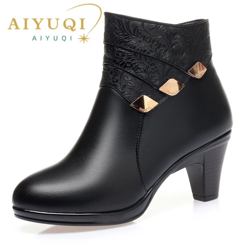 Schwarze Damen-Ankleboots mit geprägtem Schaft und Zier-Schnallen, Blockabsatz