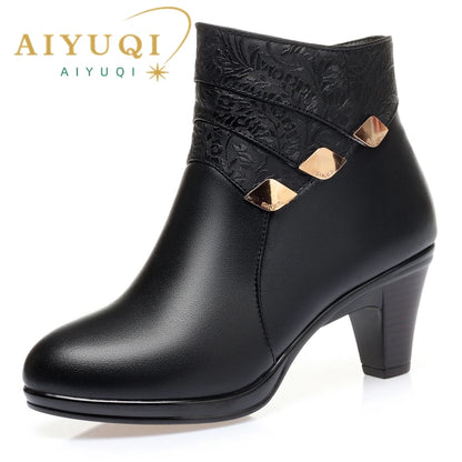 Schwarze Damen-Ankleboots mit geprägtem Schaft und Zier-Schnallen, Blockabsatz