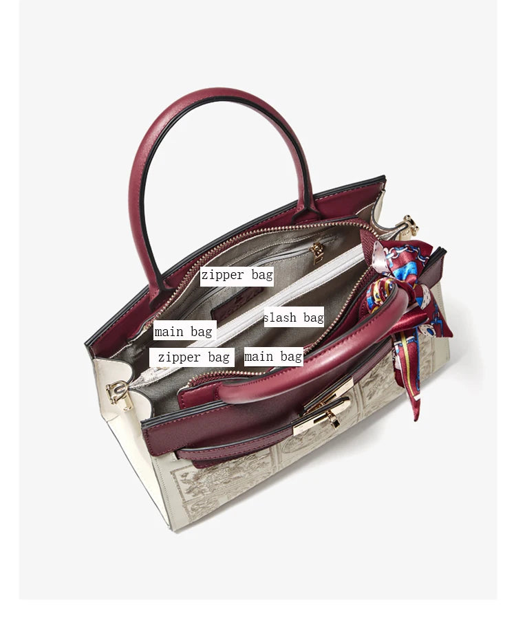 Damen Schultertasche aus Splitleder mit Stickerei im chinesischen Stil
