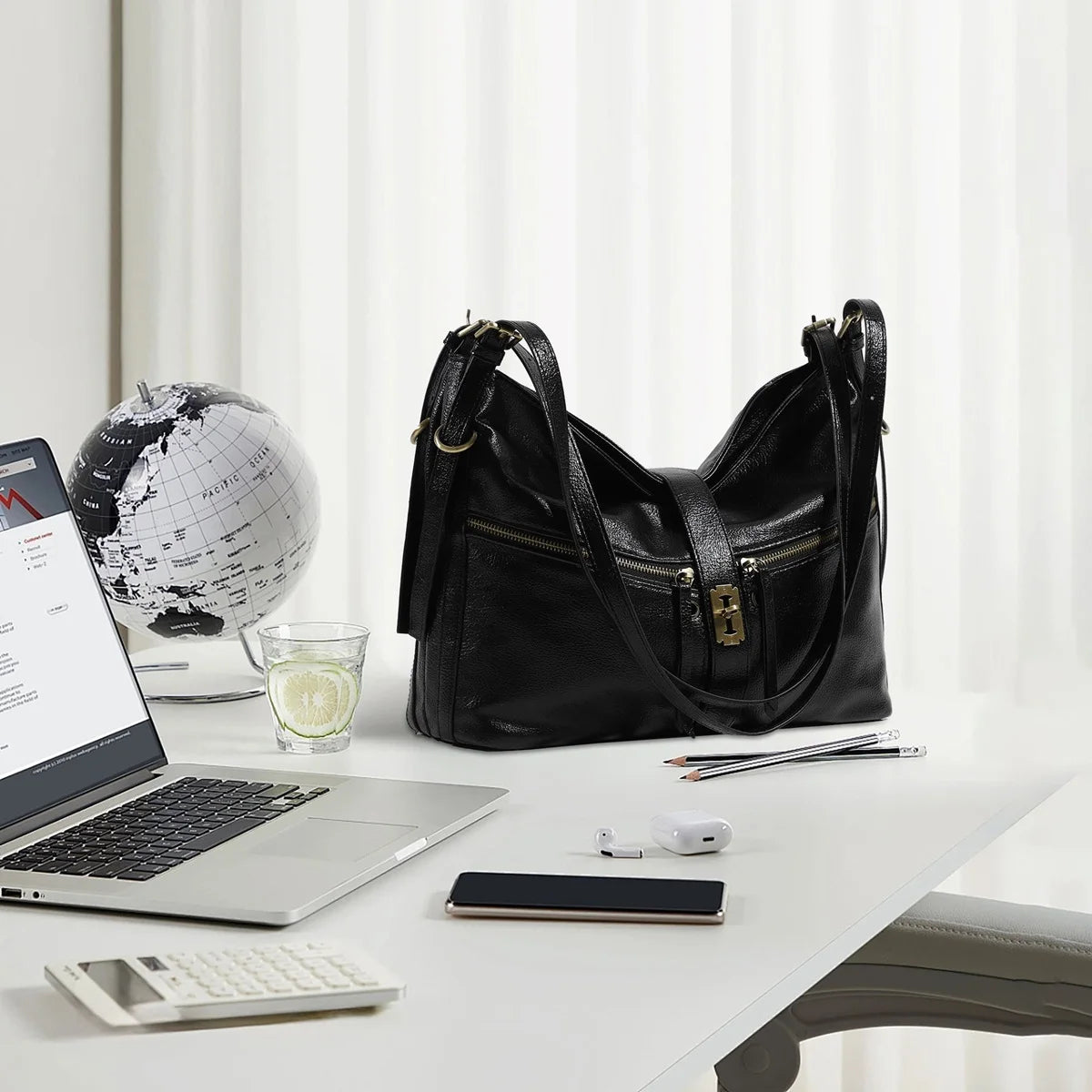 Damen-Schultertasche aus Vintage Öl-Wachs-Leder mit großem Stauraum und Mehrfach-Reißverschlussfächern