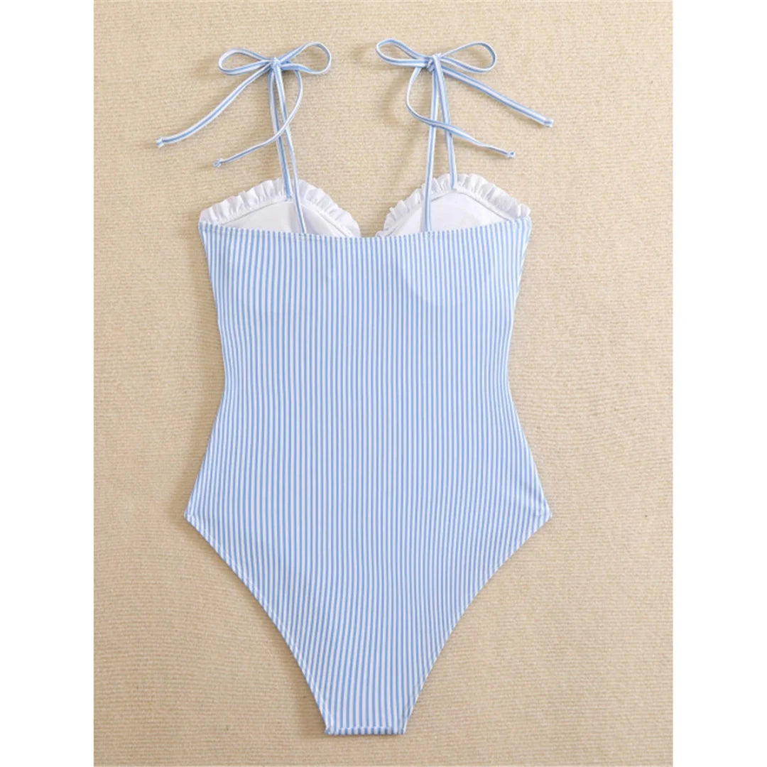 Damen Badeanzug gestreift Rüschen Riemen Monokini hoher Beinausschnitt gepolstert