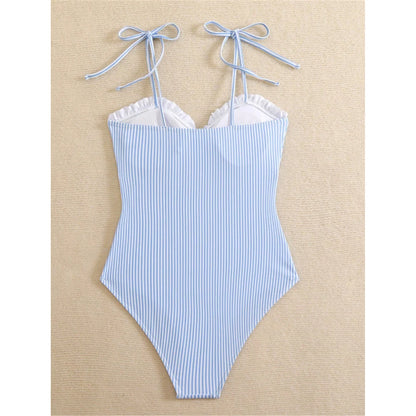 Damen Badeanzug gestreift Rüschen Riemen Monokini hoher Beinausschnitt gepolstert