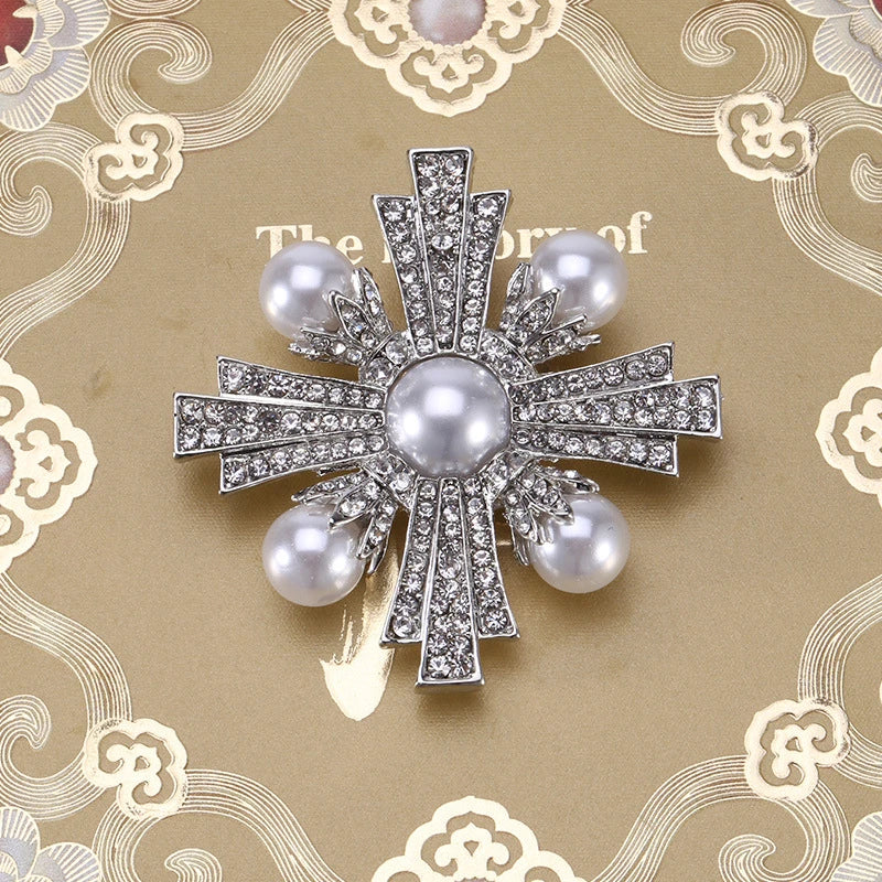 Brosche Kreuz Perle Strass Barock Vintage Luxus Hochzeit Party Damen