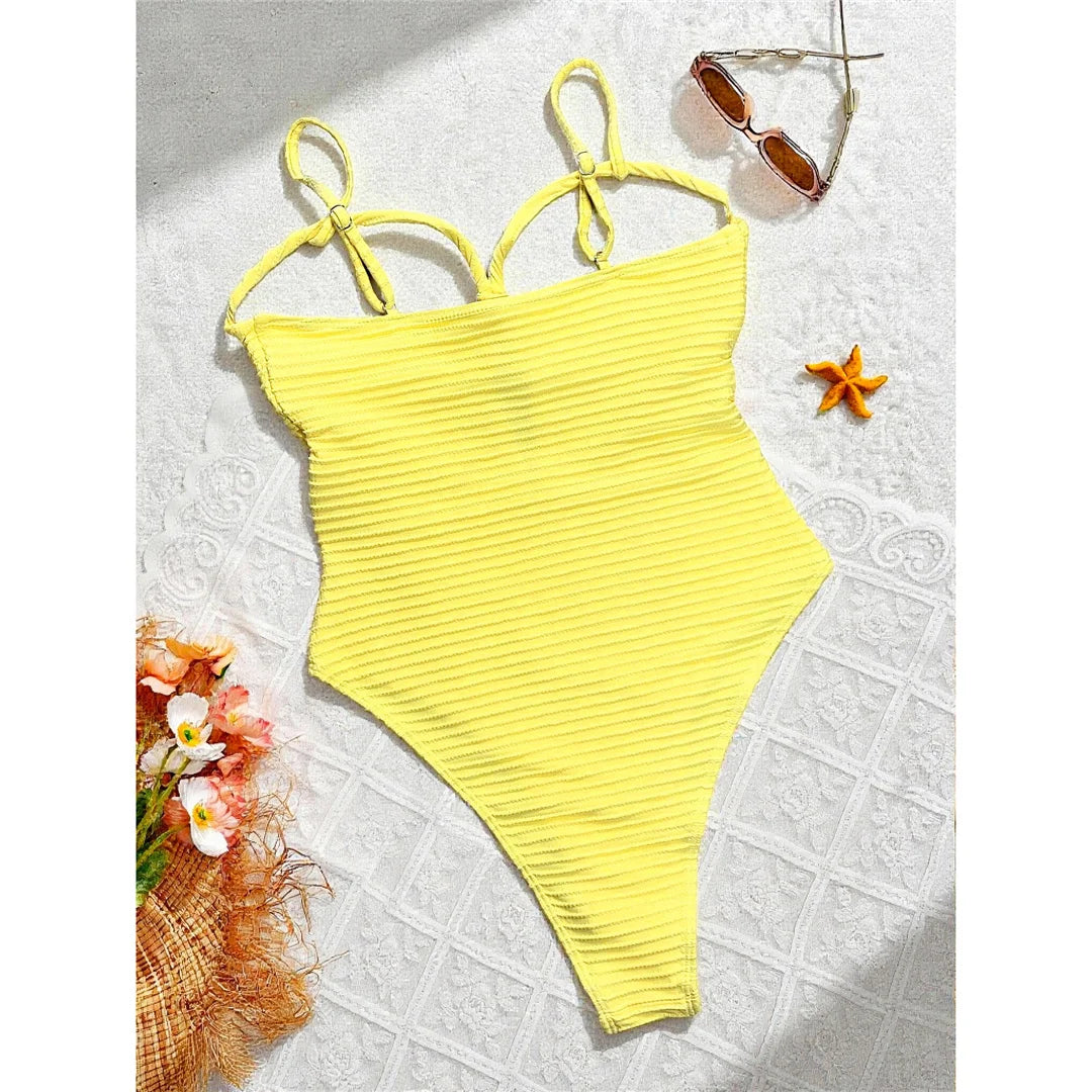 Damen Badeanzug Cut-Out gerüscht hoher Beinausschnitt BH-Cup Monokini