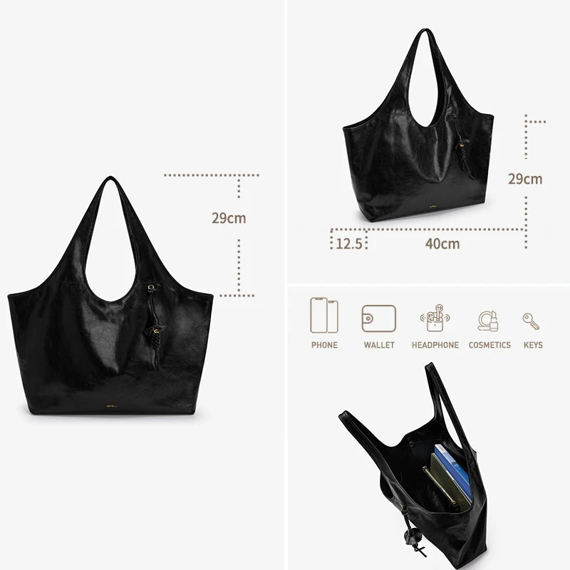 Schwarze Damen-Echtleder-Tragetasche mit Reißverschluss und mitgelieferter kleiner Tasche