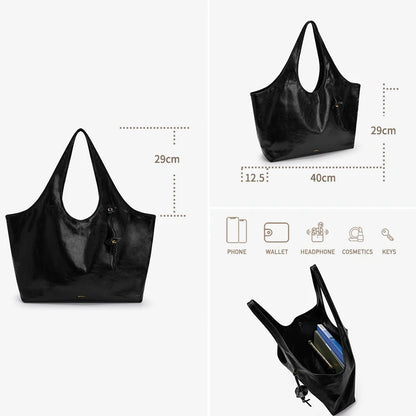 Schwarze Damen-Echtleder-Tragetasche mit Reißverschluss und mitgelieferter kleiner Tasche