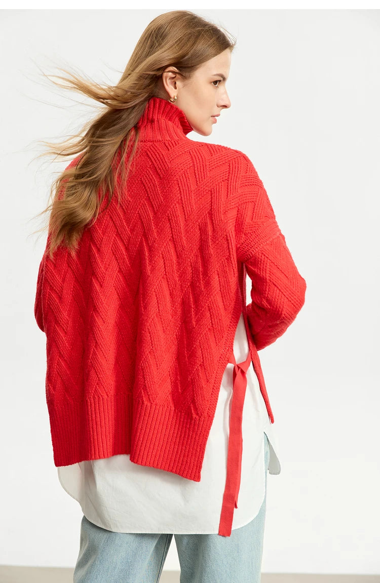 Damen-Rollkragenpullover locker Schnürung Herbst-Winter