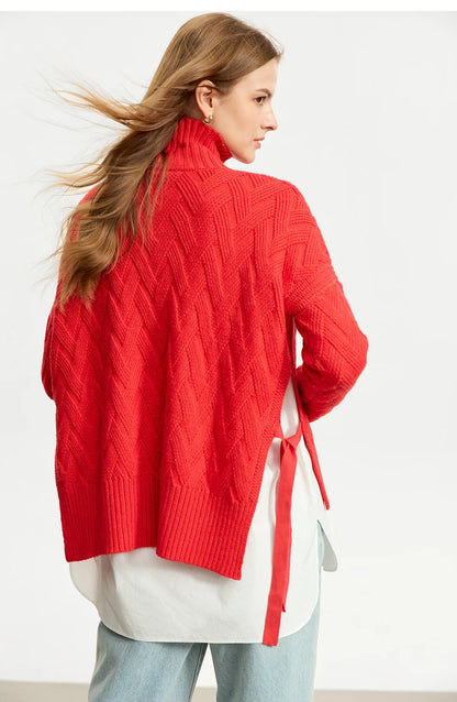 Damen-Rollkragenpullover locker Schnürung Herbst-Winter