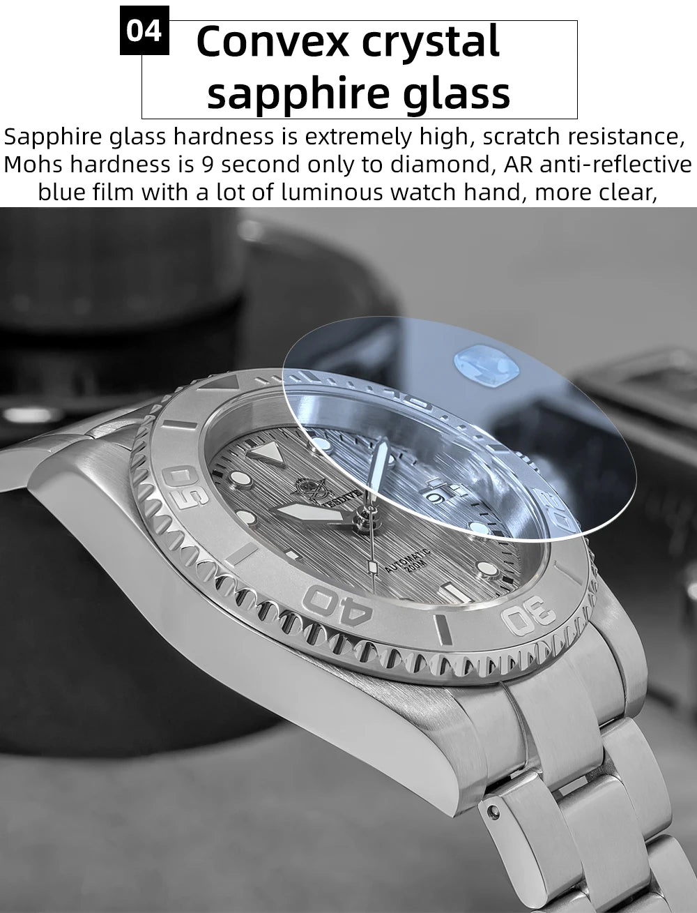 Herren-Taucheruhr mit gewoelbtem Saphirglas und NH35A-Automatikwerk