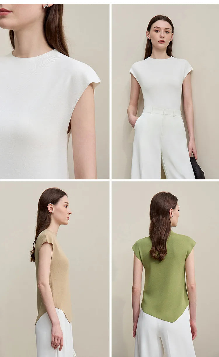Weißes Stricktop mit hohem Ausschnitt (Mock Neck) und asymmetrischem Saum, kurzarm