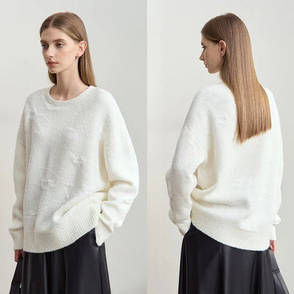 Damenpullover mit Rundhalsausschnitt aus weißem Jacquard-Strick, lange Ärmel