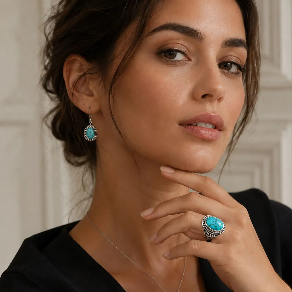 Damen-Ring oval blau ethnisch energetisch aus Sterlingsilber