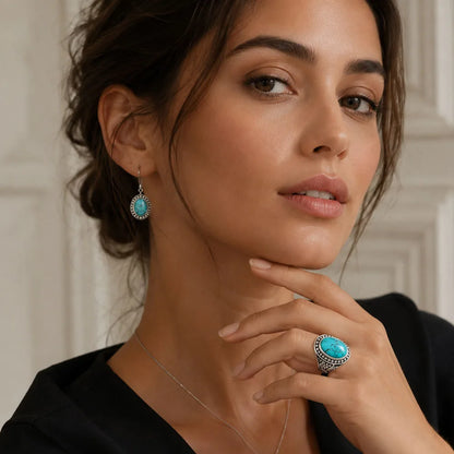 Damen-Ring oval blau ethnisch energetisch aus Sterlingsilber