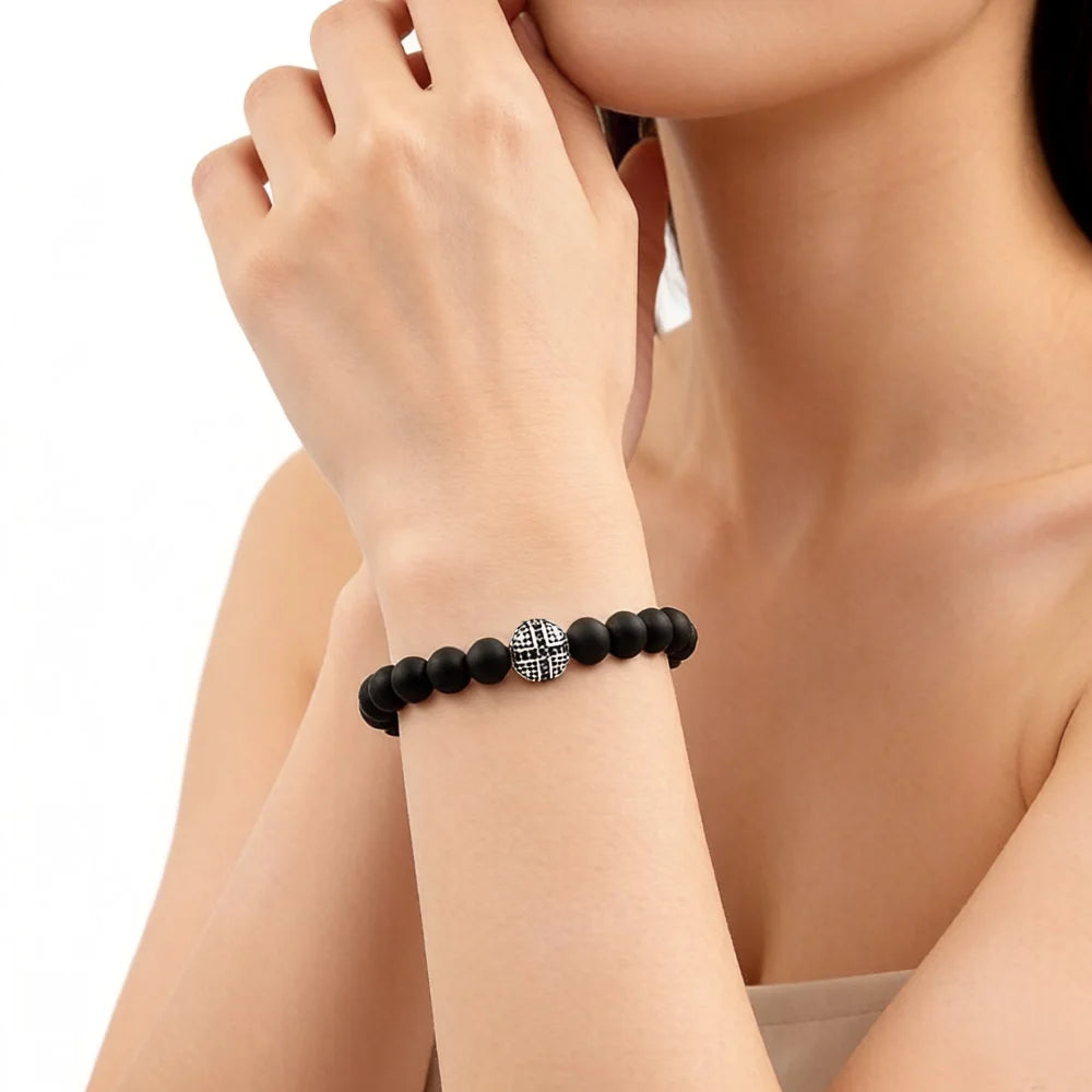 Damen-Armband Obsidian Karma Kreuzperle mattschwarz aus Sterlingsilber