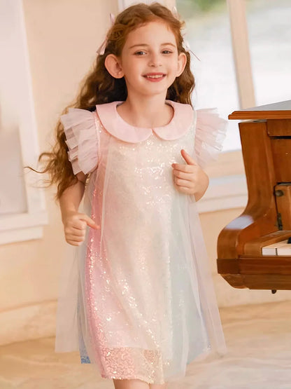 Sommerliches Mädchenkleid aus 100% Baumwolle im französischen Stil mit kurzen Ärmeln – lockere Passform für Kinder von 110cm bis 170cm