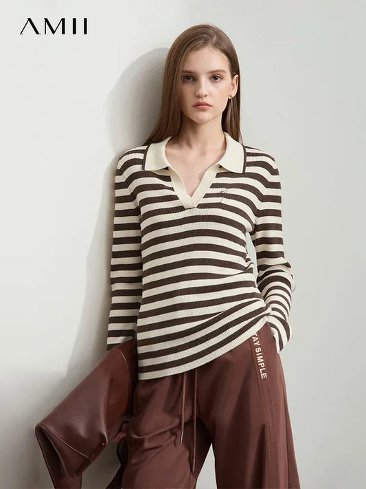 Damen V-Ausschnitt Pullover Streifen Stickerei Polo Kontrastfarben Herbst