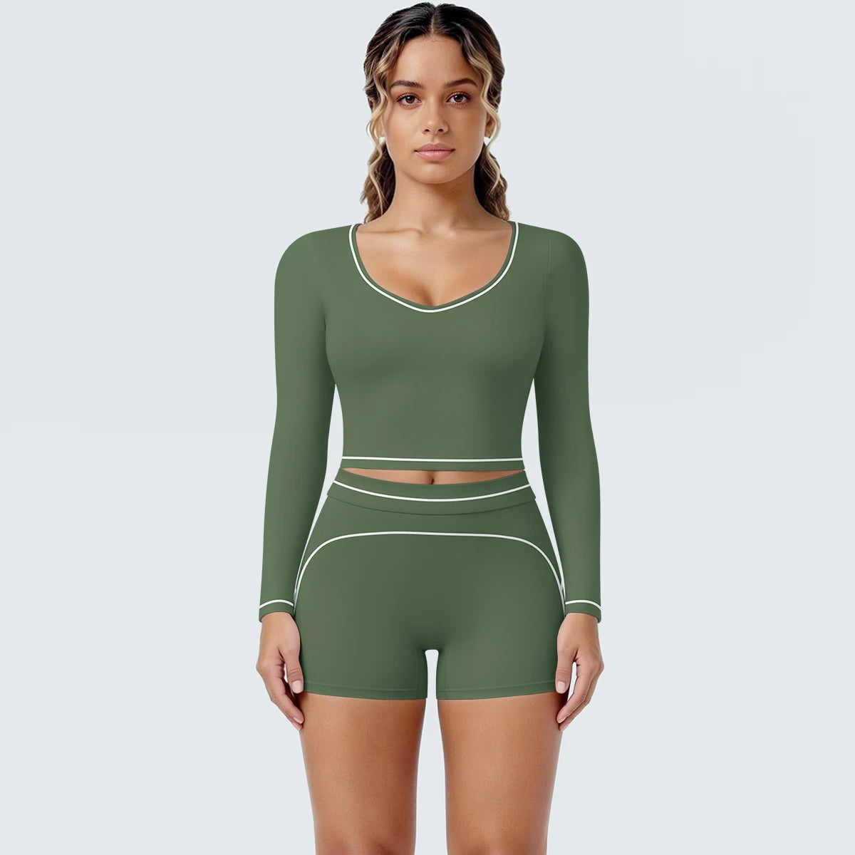 Damen-Yoga-Set mit langarmem Top und Shorts, moosgrün, Kontrastnähte