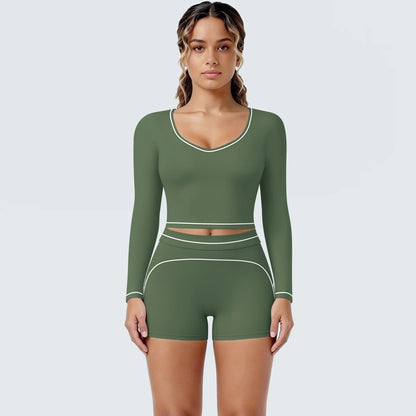 Damen-Yoga-Set mit langarmem Top und Shorts, moosgrün, Kontrastnähte