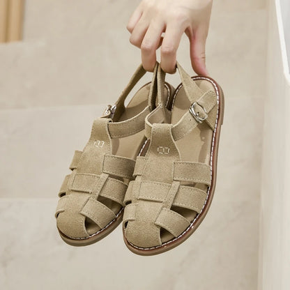 AIYUQI Flat-soled Retro Genuine Leather Hollow Baotou Sandals Women's 2025 New Hollow Pig Cage Women's Sandals
