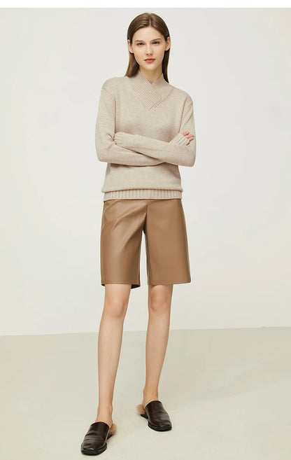 Beiger Damen-Pullover mit Stehkragen, lockere Passform, gerippter Saum und Bündchen