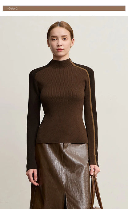 Damen-Halbrollkragen-Pullover Slim asymmetrisch Kontrast Winter