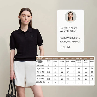 Damen-Strickpullover mit Polokragen, Knopfleiste und Kurzarm, schwarz